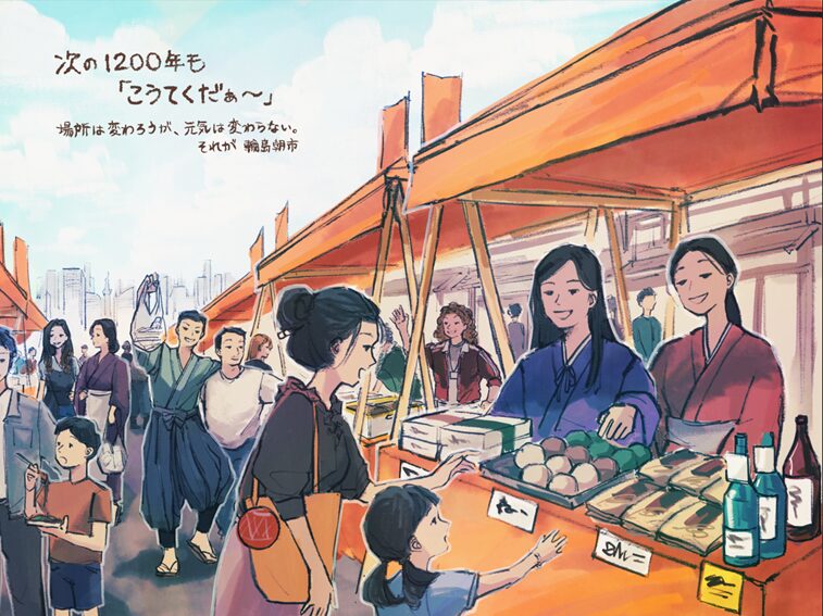 輪島に元気を届ける、カレンダープロジェクト。OAC会員社各月担当クリエイターの作品をご覧ください!これは10月の輪島朝市。